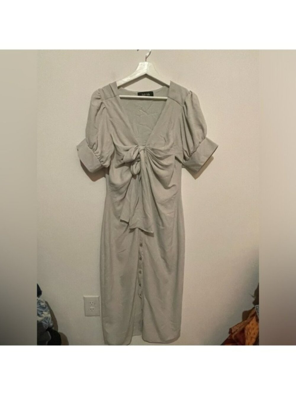Midi Dress With Button Front & Puff Sleeves Stone Cold Beige/ light sage color L